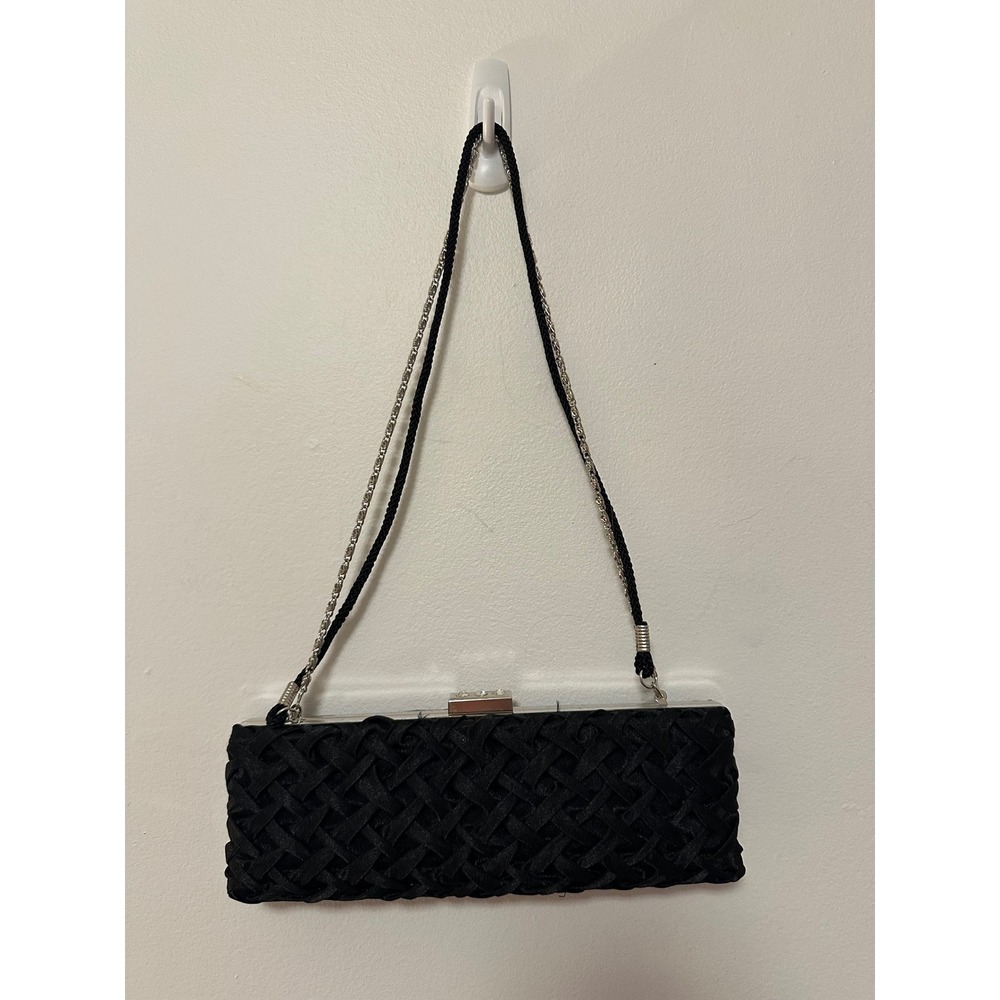 Black Woven Satin Evening Clutch with Rhinestone Clasp and Silver Chain